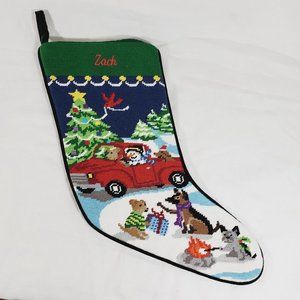 Lands' End Needlepoint Christmas Stocking ZACH Snowman Red Truck Dogs Campfire